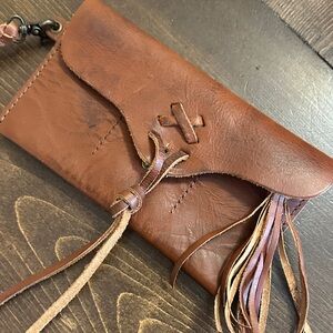 Free People Cognac Leather Fringe Wristlet Clutch